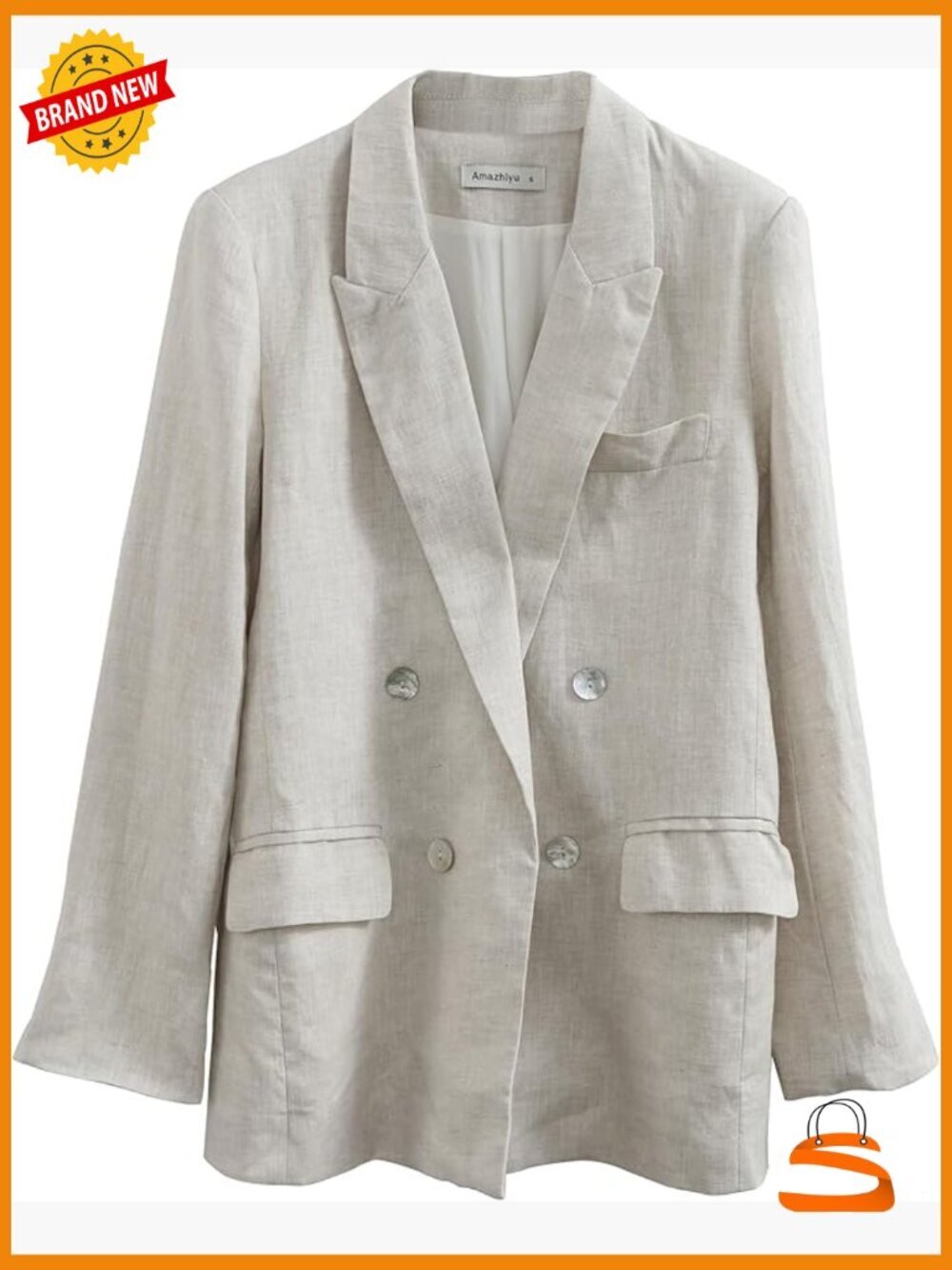 Pure Linen Open Front Blazer with Pockets Long Sleeve Notch Collar